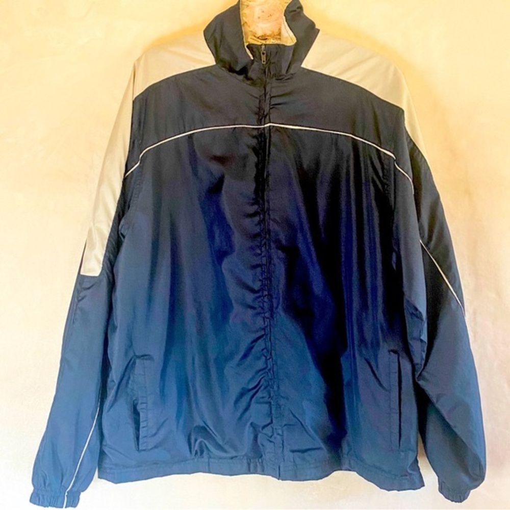 VTG Athletic Jogging Jacket Full Zip, Mesh Jersey Lined, Navy/White, Large